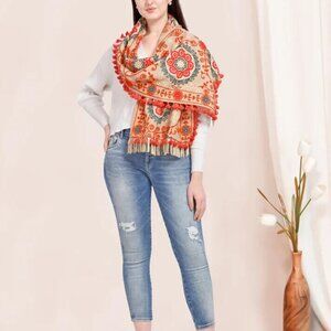 NWT Mesmora  Floral Embroidered Fringe Tassel Wrap Scarf